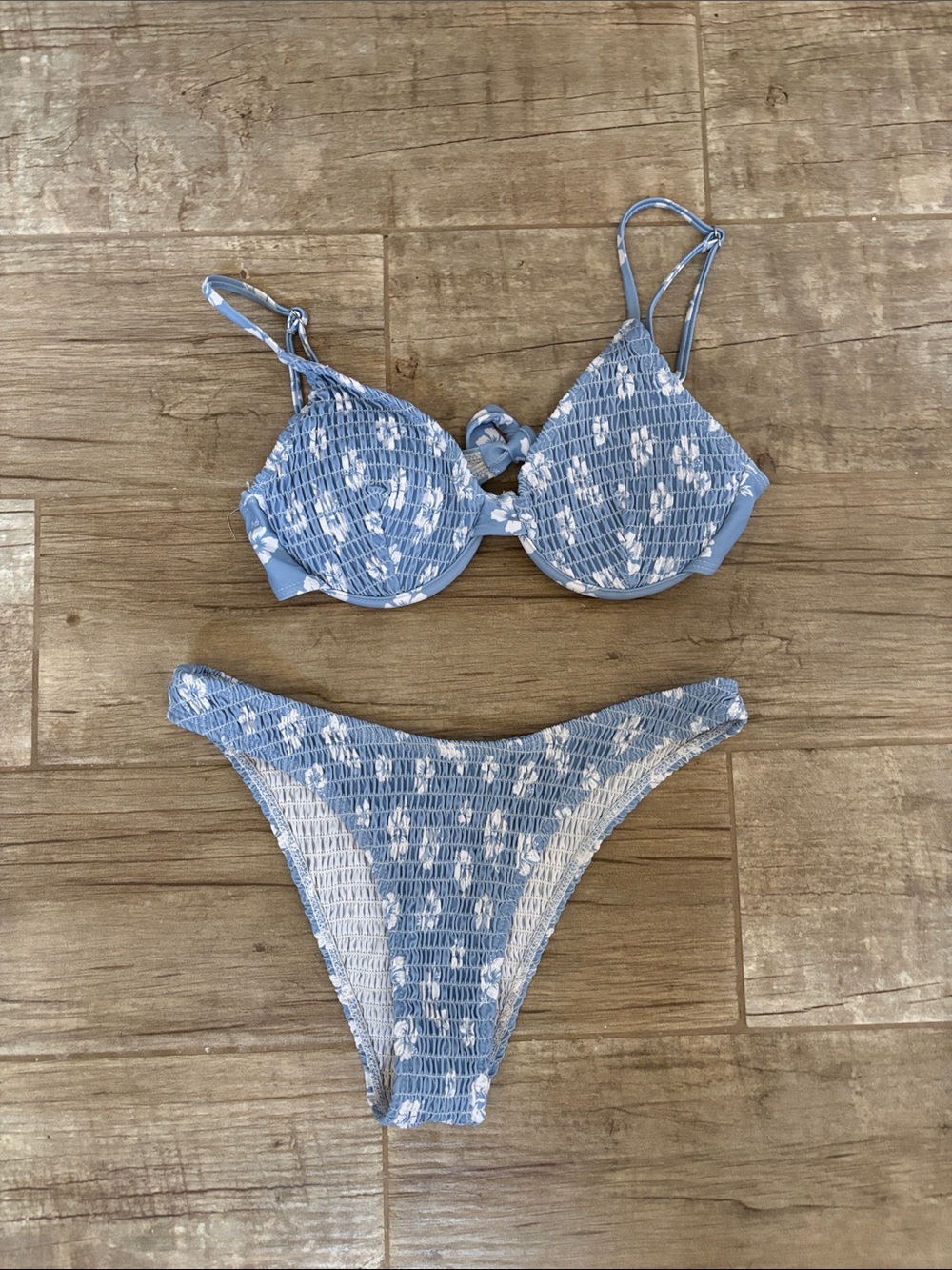 Light Blue White Floral Smocked Bikini Set